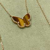 VAN CLEEF & ARPELS LUCKY ALHAMBRA BUTTERFLY PENDANT NECKLACE IN 18K YELLOW GOLD W TIGER EYE