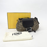 FENDI ZUCCHINO CANVAS & BRN LEA MINI FLAP HOBO SHOULDER BAG