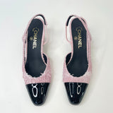 CHANEL PINK TWEED & BLK PATENT CAP TOE SLINGBACKS sz 38.5