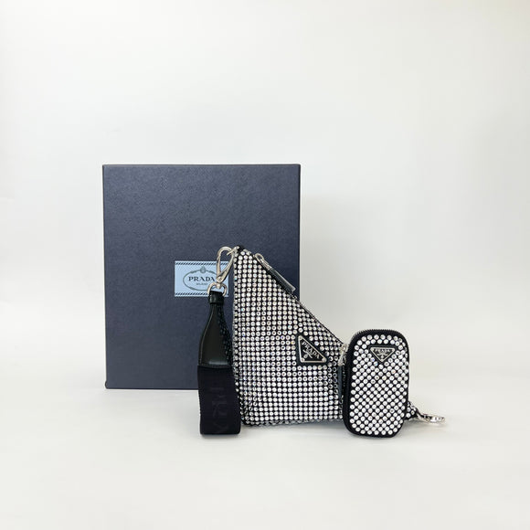 PRADA TRIANGLE CROSSBODY IN CRYSTAL & BLK SATIN