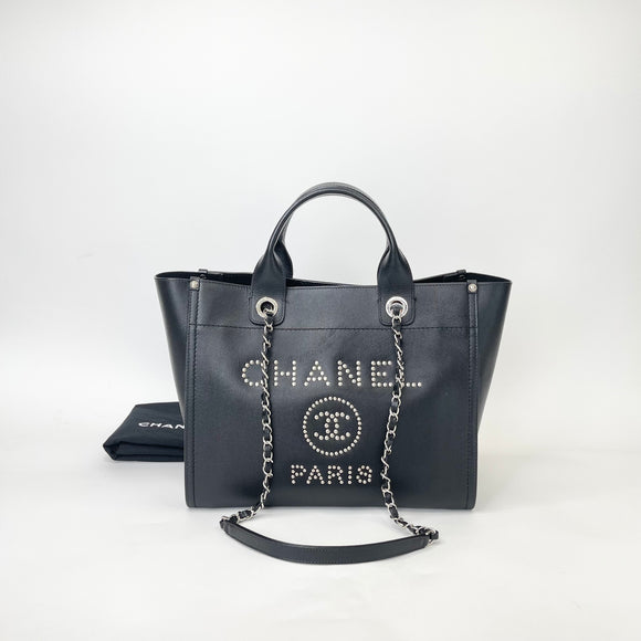 CHANEL DEAUVILLE STUDDED BLK CAVIAR LEA TOTE BAG