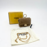 FENDI NANO BAGUETTE BAG CHARM / CROSSBODY BRN SHEARLING & GHW