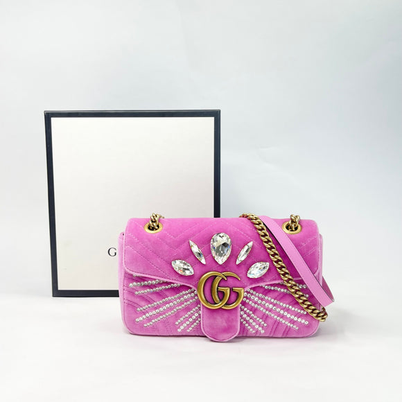 GUCCI CRYSTAL MARMONT IN VELVET PINK GHW SHOULDER BAG BLuxe Boutique