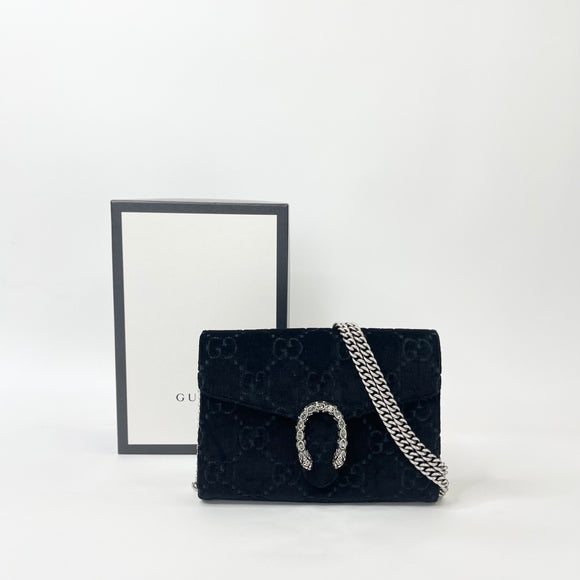 GUCCI DIONYSUS BLK VELVET & CRYSTAL CHAIN WALLET/ CROSSBODY