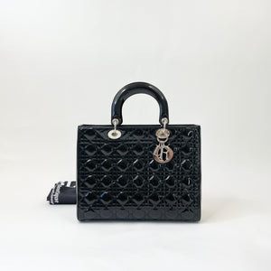 CHRISTIAN DIOR LADY DIOR LARGE IN BLK PAT LEA & SHW