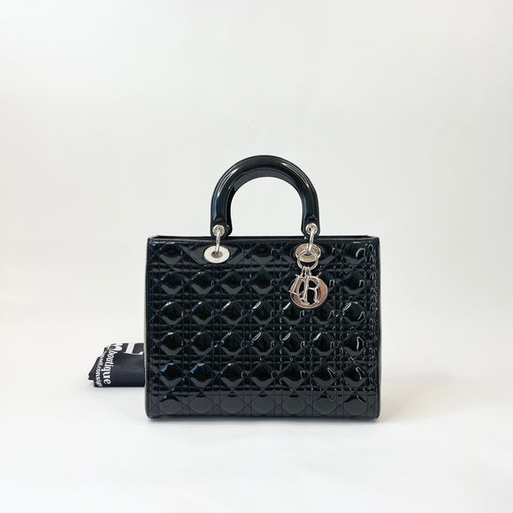 CHRISTIAN DIOR LADY DIOR LARGE IN BLK PAT LEA & SHW