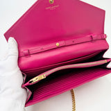 SAINT LAURENT CASSANDRE CHAIN WALLET/ CROSSBODY IN HOT PINK GRAIN DE POUDRE LEA & GHW - BLuxe Boutique