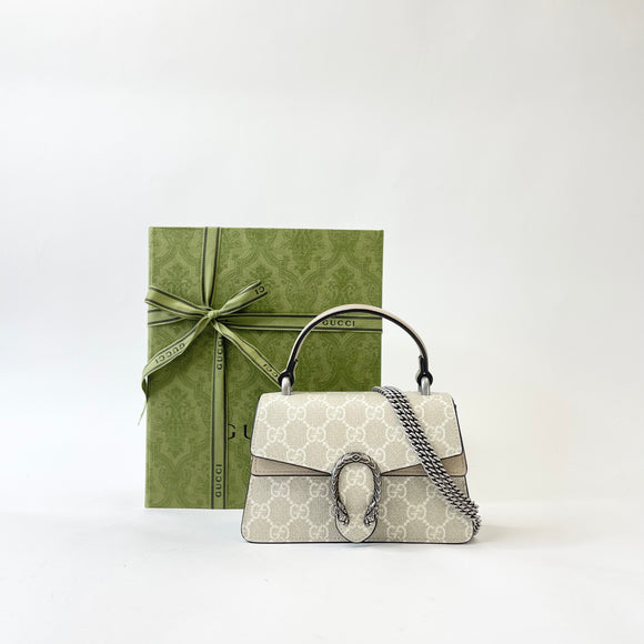 GUCCI TOP HANDLE DIONYSUS SUPER MINI TWO WAY IN OATMEAL SUPREME CANVAS & LEA 