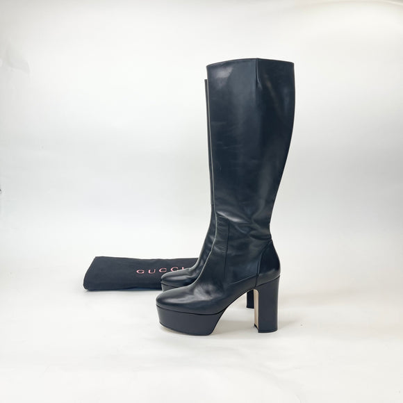 GUCCI BLK LEA PLATFORM KNEE HIGH BOOTS sz 37.5