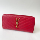 SAINT LAURENT CASSANDRE MATELASSE ZIP LONG WALLET IN RED GRAIN DE POUDRE LEA & GHW