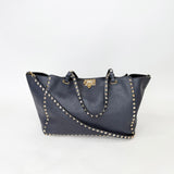 VALENTINO ROCKSTUD TRAPEZE MED NAVY PEBBLED CLAF LEA TWO WAY TOTE