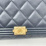 CHANEL BOY CLUTCH W CHAIN IN BLK LMB LEA & AGED GHW