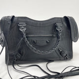 BALENCIAGA MINI CLASSIC CITY TWO WAY / CROSSBODY IN MATTE BLK CROC & BHW