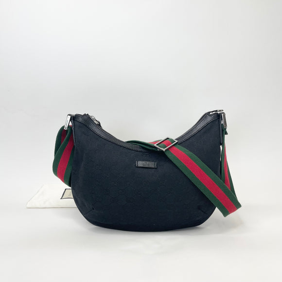 GUCCI BLK CANVAS & WEB STRAP SADDLE CROSSBODY 