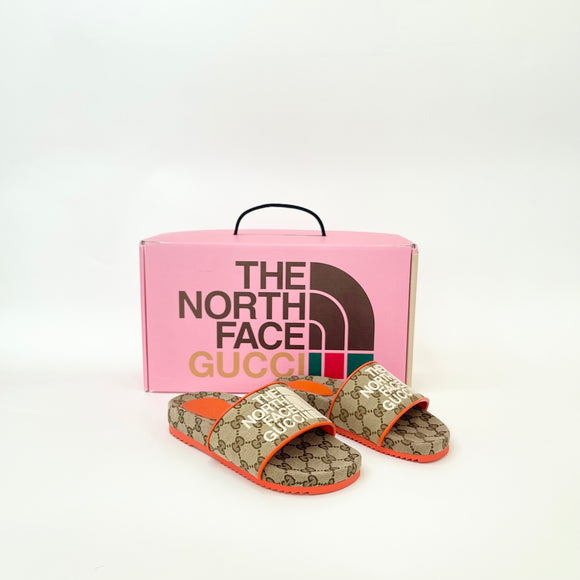 GUCCI GG SUPREME x NORTH FACE BROWN LOGO SLIDES SZ 36