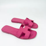 HERMES ORAN ROSE BOUGAINVILLIER ( FUSHCIA ) EPSOM CALF LEA SANDALS sz 34.5