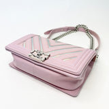 CHANEL BOY IN LIGHT PINK & IRIDESCENT METALLIC CHEVRON CALFSKIN LEA & SHW - BLuxe Boutique