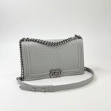 CHANEL LARGE GREY CHEVRON LMSKN LEATHER & RUTHENIUM HW BOY BAG