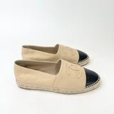 CHANEL BEIGE/ BLK LEA ESPADRILLES sz 39
