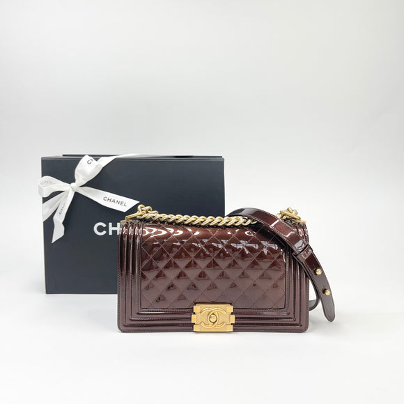 CHANEL MEDIUM BURGUNDY PATENT LEATHER & AGED GOLD HW BOY BAG