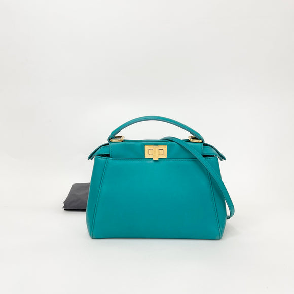 FENDI MINI PEEKABOO IN TEAL CALFSKN LEATHER & GHW TWO WAY BAG