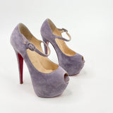 CHRISTIAN LOUBOUTIN LADY HIGHNESS PURPLE SUEDE PEEP TOE PUMPS sz 35