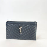 SAINT LAURENT TOP ZIP BILL POUCH/ CLUTCH IN BLK MATELASSE LEA & SHW