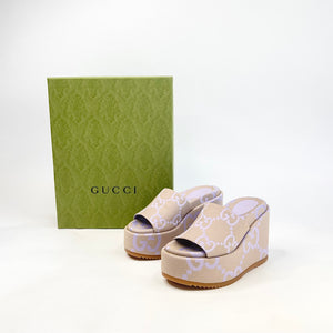 GUCCI JUMBO GG LILAC & BEIGE PLATFORM WEDGES sz 36.5