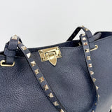 VALENTINO ROCKSTUD TRAPEZE MED NAVY PEBBLED CLAF LEA TWO WAY TOTE