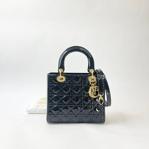 CHRISTIAN DIOR LADY DIOR MEDIUM IN BLK PAT & GHW W STRAP