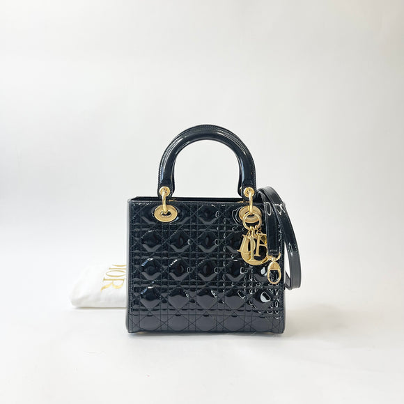 CHRISTIAN DIOR LADY DIOR MEDIUM IN BLK PAT & GHW W STRAP