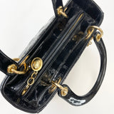 CHRISTIAN DIOR LADY DIOR MEDIUM IN BLK PAT & GHW W STRAP