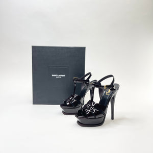 SAINT LAURENT TRIBUTE AMARANTE ( DK BURGUNDY ) PAT PLATFORM SANDALS sz 34