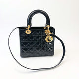 CHRISTIAN DIOR LADY DIOR MEDIUM IN BLK PAT & GHW W STRAP