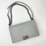 CHANEL LARGE GREY CHEVRON LMSKN LEATHER & RUTHENIUM HW BOY BAG