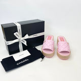 CHANEL PINK QUILTED LEA & WOOD SLIDES SZ 38