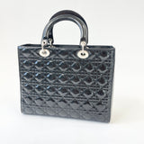 CHRISTIAN DIOR LADY DIOR LARGE IN BLK PAT LEA & SHW