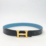 HERMES H GOLD BUCKLE & REVERSIBLE BLK BOX & NEW BLEU JEAN EPSOM CALFSKIN LEATHER BELT