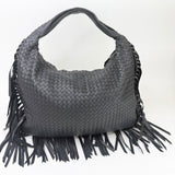 BOTTEGA VENETA WOVEN BLK CALF LEA LARGE FRINGE HOBO - BLuxe Boutique