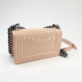 CHANEL SMALL BOY IN PATENT CRM & LT PINK LEATHER W SILVER HARDWARE BAG