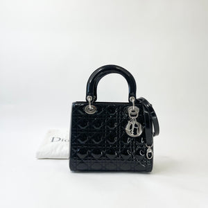 CHRISTIAN DIOR LADY DIOR MEDIUM IN BLK PAT & SHW W STRAP