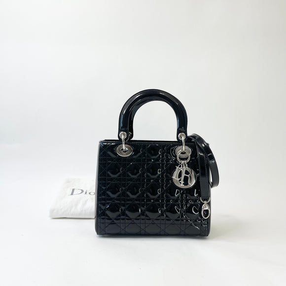 CHRISTIAN DIOR LADY DIOR MEDIUM IN BLK PAT & SHW W STRAP