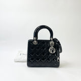 CHRISTIAN DIOR LADY DIOR MEDIUM IN BLK PAT & SHW W STRAP