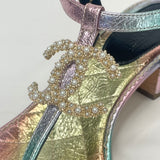 CHANEL T STRAP OMBRÉ LEA WITH PEARL CC SANDALS Sz 36.5