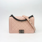 CHANEL LARGE BOY IN LT PINK QUILTED LAMBSKIN & RUTHENIUM HW