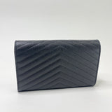 SAINT LAURENT CASSANDRE CHAIN WALLET/ CROSSBODY IN BLK GRAIN DE POUDRE LEA & SHW