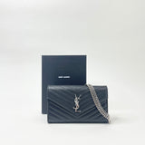 SAINT LAURENT CASSANDRE CHAIN WALLET/ CROSSBODY IN BLK GRAIN DE POUDRE LEA & SHW