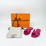 HERMES ORAN ROSE BOUGAINVILLIER ( FUSHCIA ) EPSOM CALF LEA SANDALS sz 34.5