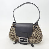 FENDI ZUCCHINO CANVAS & BRN LEA MINI FLAP HOBO SHOULDER BAG