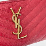 SAINT LAURENT CASSANDRE MATELASSE ZIP LONG WALLET IN RED GRAIN DE POUDRE LEA & GHW
